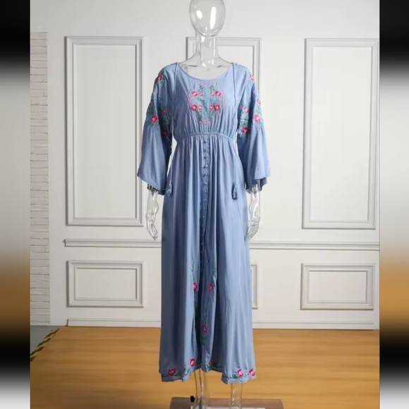 Floral Embroidered Blue Maxi Dress- Reversible - Picture 8 of 16